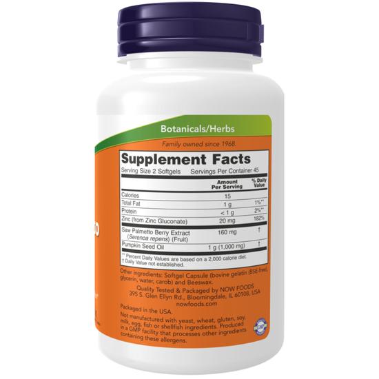 NOW Foods Saw Palmetto Extract With Pumpkin Seed Oil & Zinc 80mg Softgels 90 Softgels