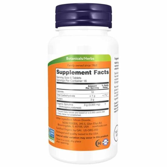 NOW Foods Spirulina Organic 500mg Tablets 100 Tablets