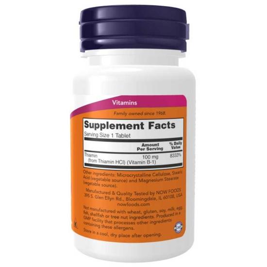 NOW Foods Vitamin B-1 Thiamine 100mg Tablets 100 Tablets