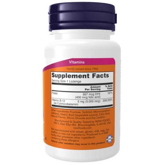 NOW Foods Vitamin B-12 With Folic Acid 5000mcg Lozenges 60 Lozenges