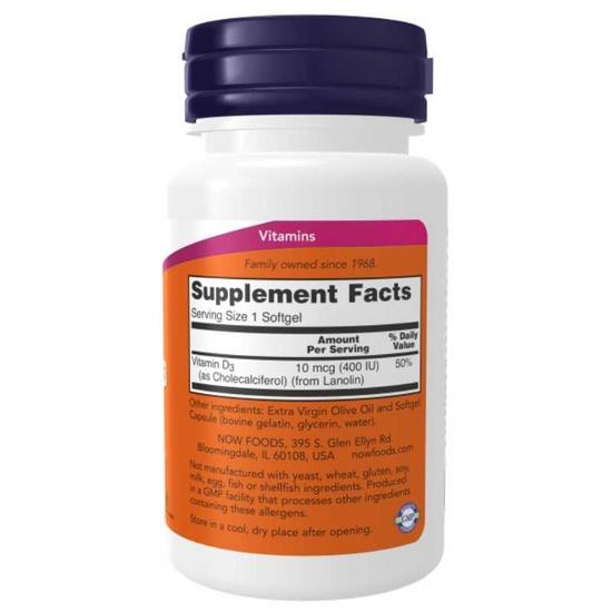 NOW Foods Vitamin D-3 400iu Softgels 180 Softgels