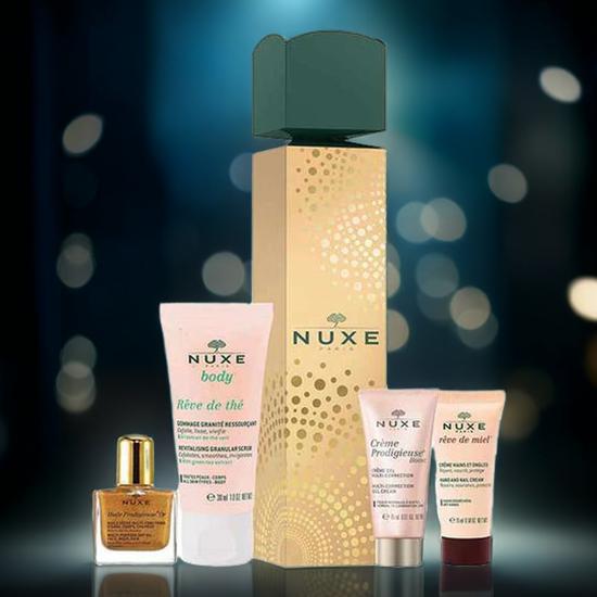Nuxe Christmas Cracker Boost Gel Cream + Hand Cream + Body Scrub + Huile Prodigieuse Or