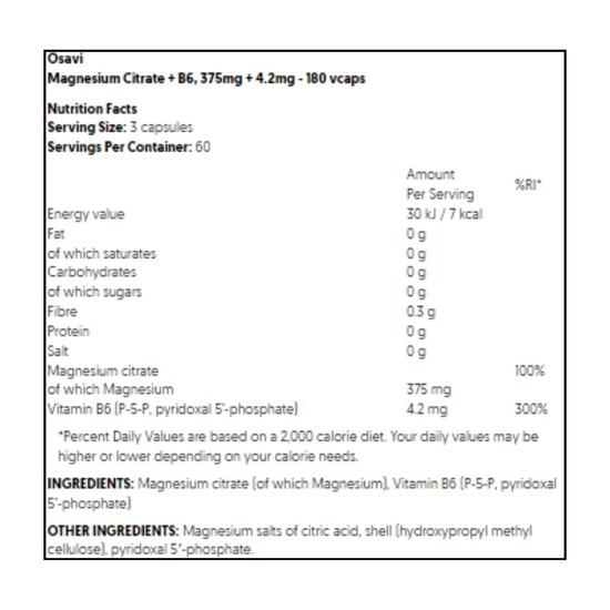Osavi Magnesium Citrate + B6 375mg + 4.2mg Capsules 90 Capsules