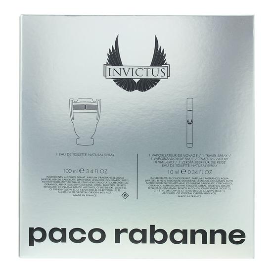 Paco Rabanne Invictus Eau De Toilette 100ml + 10ml Travel Spray Gift Set For Him 100ml