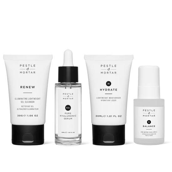 Pestle & Mortar The Daily Routine Gift Set 50ml Cleanser, 30ml Serum, 30ml Lightweight Moisturiser, 30ml Facial Spritz
