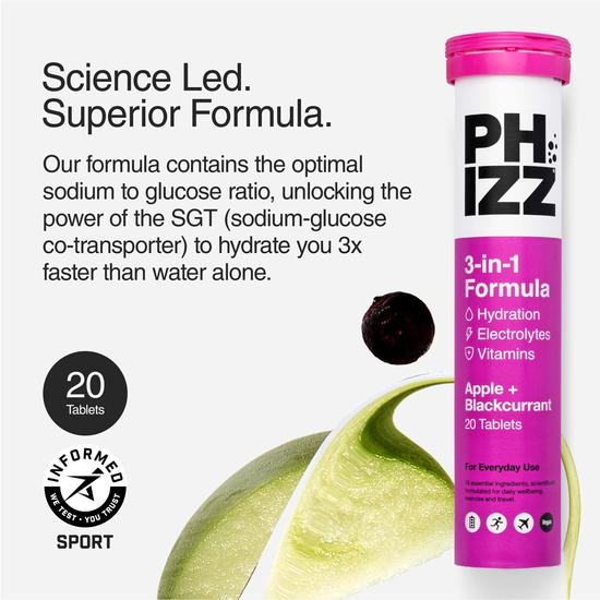Phizz 3-in-1 Apple & Blackcurrant Hydration, Electrolytes & Vitamin Tablets 60 Effervescent Tablets
