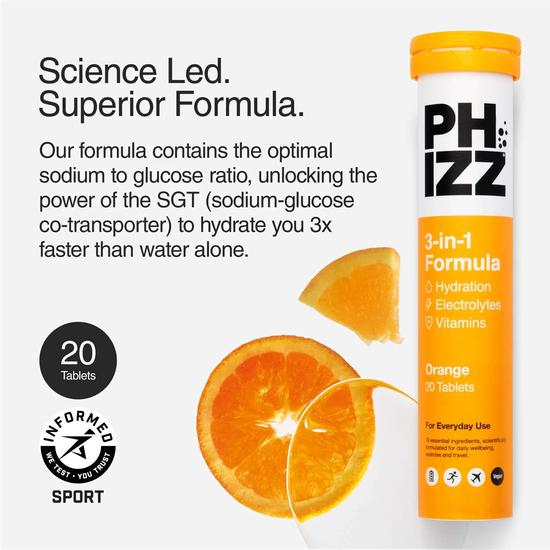 Phizz 3-in-1 Orange Hydration, Electrolytes & Vitamin Tablets 60 Effervescent Tablets