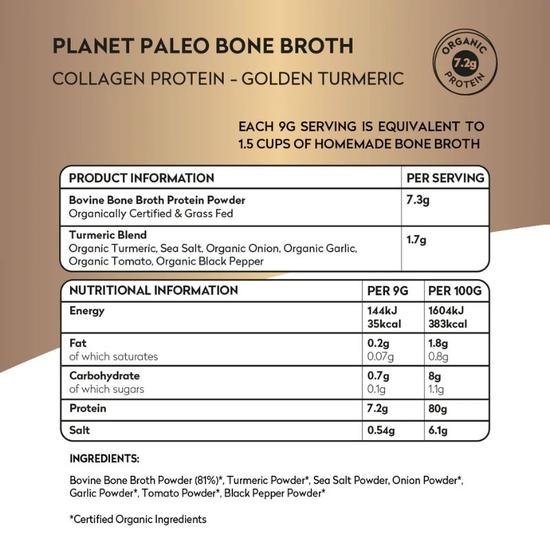 Planet Paleo Organic Bone Broth Collagen Protein Golden Turmeric 225g