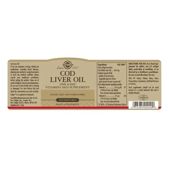 Solgar Cod Liver Oil Softgels 100 Softgels
