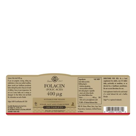 Solgar Folacin Folic Acid 400mcg Tablets 100 Tablets