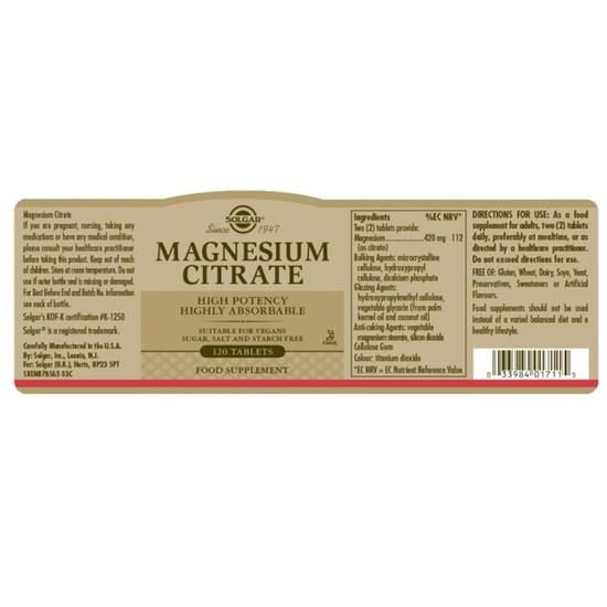Solgar Magnesium Citrate Tablets 120 Tablets