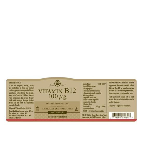 Solgar Natural Vitamin B12 100ug Tablets 100 Tablets