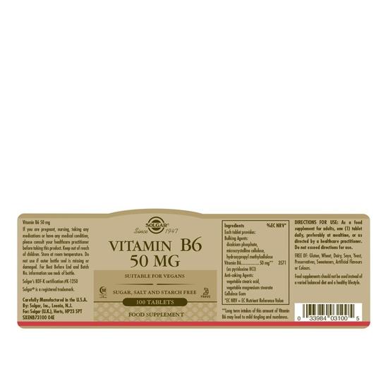 Solgar Vitamin B6 50mg Tablets 100 Tablets