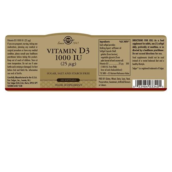 Solgar Vitamin D3 25ug 1000iu Softgels 100 Softgels