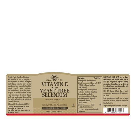 Solgar Vitamin E With Yeast Free Selenium Vegicaps 50 Vegicaps