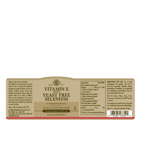 Solgar Vitamin E With Yeast Free Selenium Vegicaps 50 Vegicaps