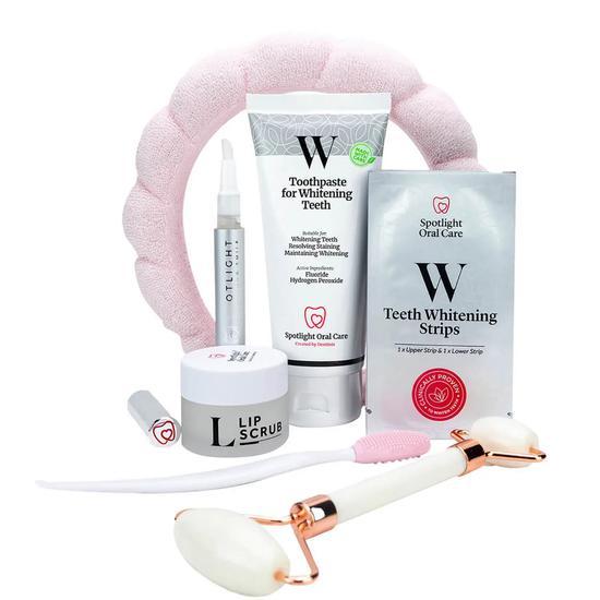 Spotlight Make Smiles Happen For Her Gift Set Whitening Strips + Toothpaste + Teeth Whitening Pen + Lip Scrub & Exfoliating Lip Brush + White Jade Facial Roller + Towel Headband