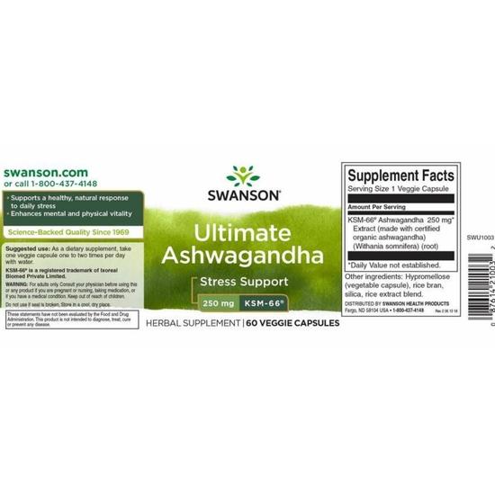 Swanson Ashwagandha Ultimate KSM-66 250mg Capsules 60 Capsules