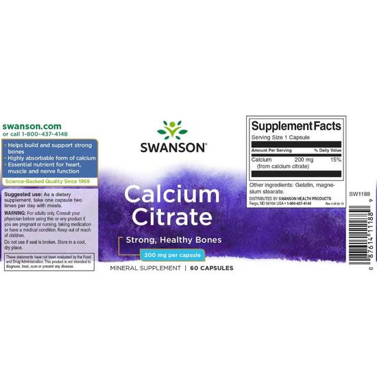 Swanson Calcium Citrate 200mg Capsules 60 Capsules