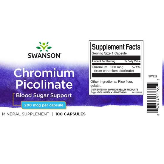 Swanson Chromium Picolinate 200mcg Capsules 100 Capsules