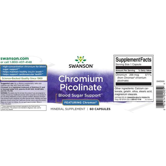 Swanson Chromium Picolinate Featuring Chromax 200mcg Capsules 60 Capsules