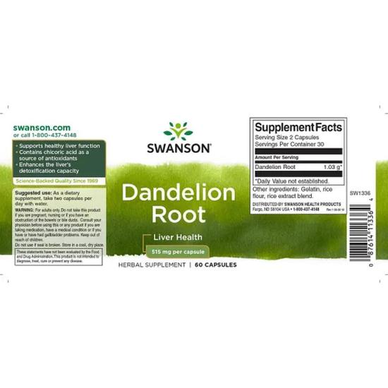 Swanson Dandelion Root 515mg Capsules 60 Capsules