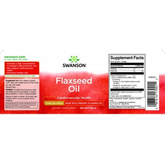 Swanson Flaxseed Oil 1000mg Softgels 100 Softgels