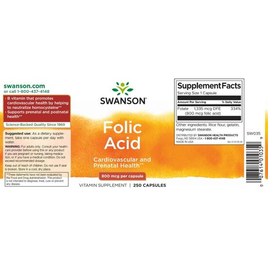 Swanson Folic Acid 800mcg Capsules 250 Capsules