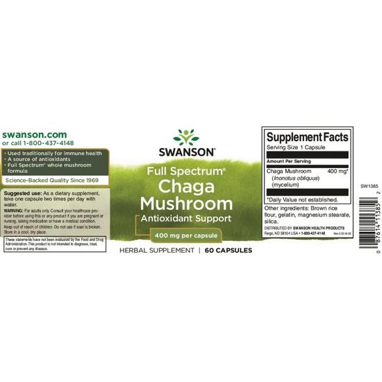 Swanson Full Spectrum Chaga Mushroom 400mg Capsules 60 Capsules