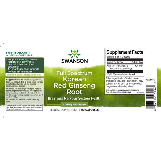 Swanson Full Spectrum Korean Red Ginseng Root 400mg Capsules 90 Capsules
