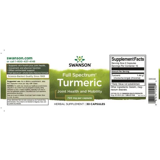 Swanson Full Spectrum Turmeric 720mg Capsules 100 Capsules
