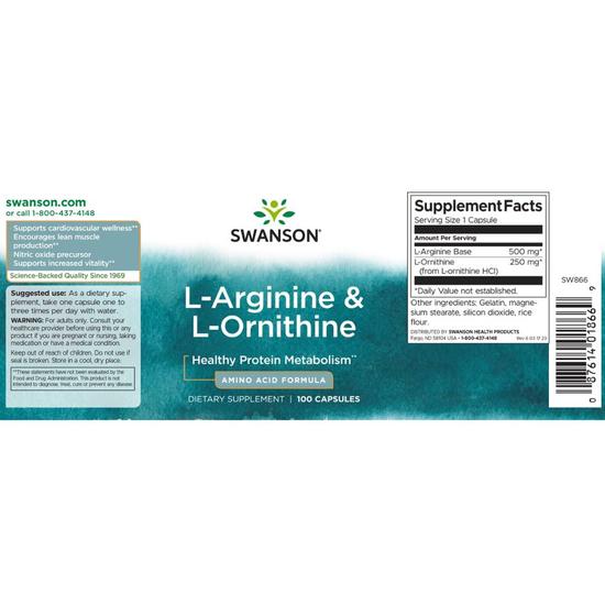 Swanson L-Arginine & L-Ornithine Capsules 100 Capsules