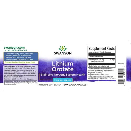 Swanson Lithium Orotate 5mg Capsules 60 Capsules