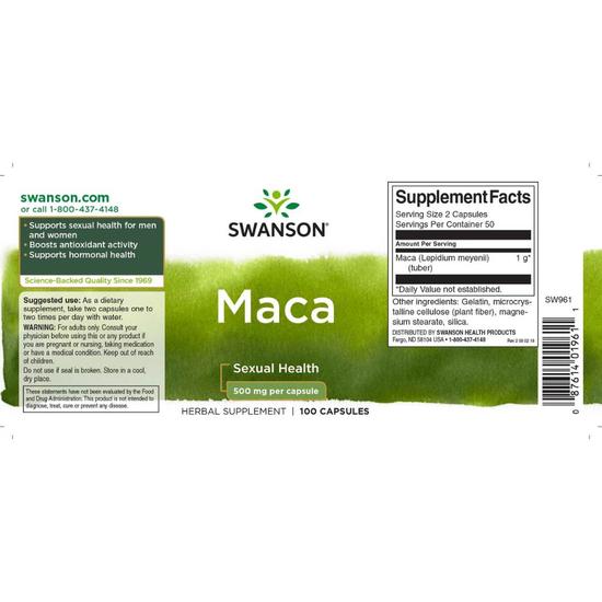 Swanson Maca 500mg Capsules 100 Capsules