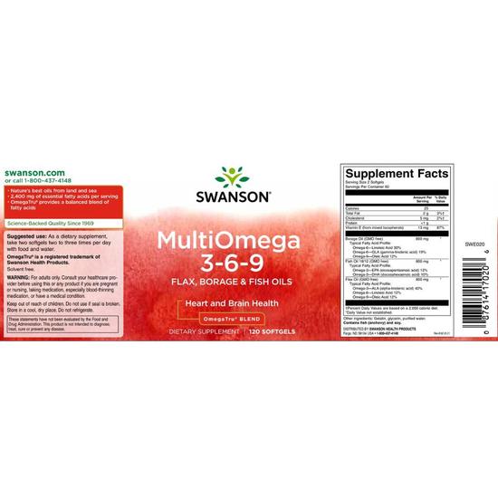 Swanson MultiOmega 3-6-9 Flax & Borage & Fish Oils Softgels 120 Softgels