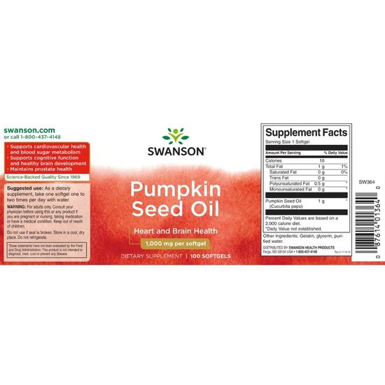 Swanson Pumpkin Seed Oil 1000mg Softgels 100 Softgels