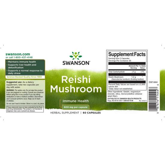 Swanson Reishi Mushroom 600mg Capsules 60 Capsules