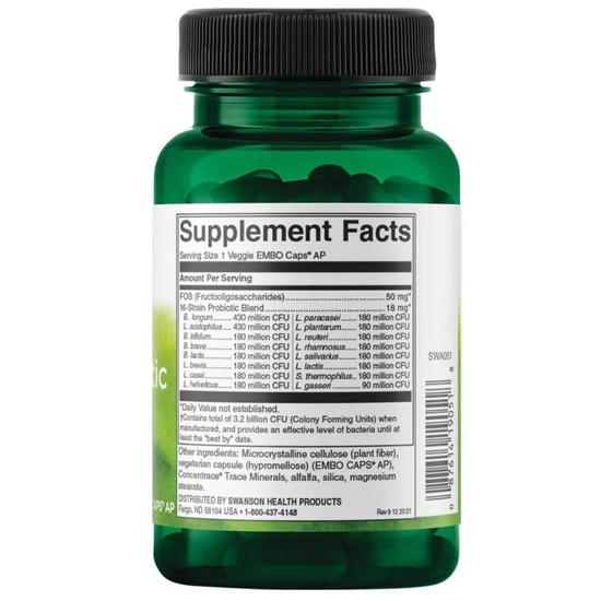 Swanson Ultimate 16 Strain Probiotic With FOS 3.2bn CFU Capsules 60 Capsules