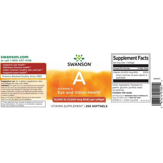 Swanson Vitamin A 10000iu Softgels 250 Softgels