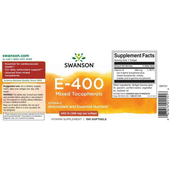 Swanson Vitamin E Mixed Tocopherols 400iu Softgels 100 Softgels