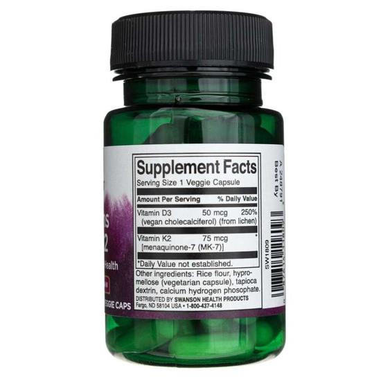 Swanson Vitamins D3 & K2 50mcg & 75mcg Capsules 60 Capsules