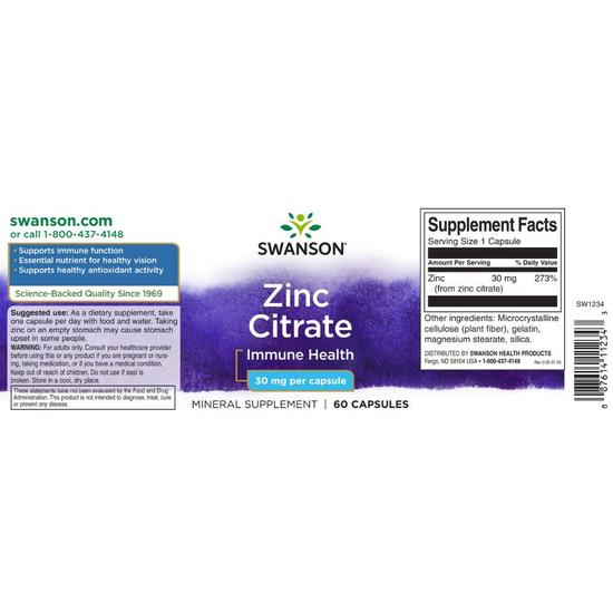 Swanson Zinc Citrate 30mg Capsules 60 Capsules