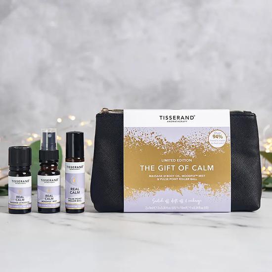 Tisserand Aromatherapy The Gift Of Calm Massage & Body Oil + MoodFix Mist + Pulse Point Roller Ball