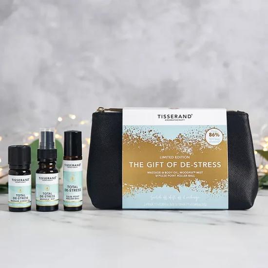 Tisserand Aromatherapy The Gift Of De-Stress Total De-Stress Massage & Body Oil + MoodFix Mist + Pulse Point Roller Ball