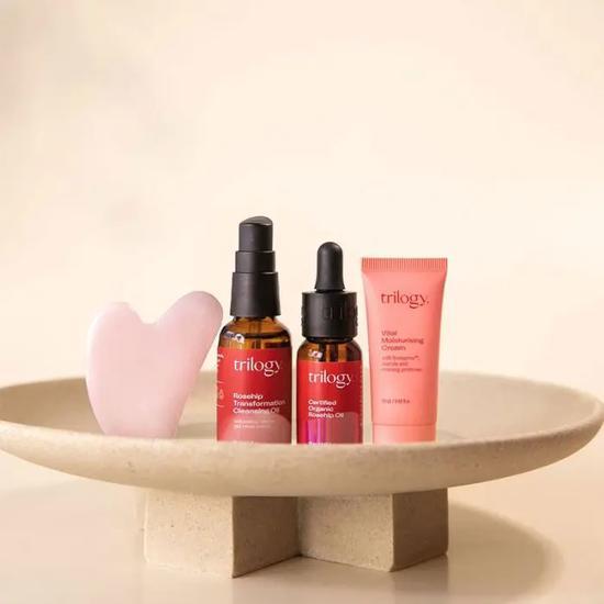 Trilogy Three Step Radiance Routine Rosehip Oil Antioxidant + Vital Moisturising Cream + Rosehip Transformation Cleansing Oil + Rose Quartz Gua Sha