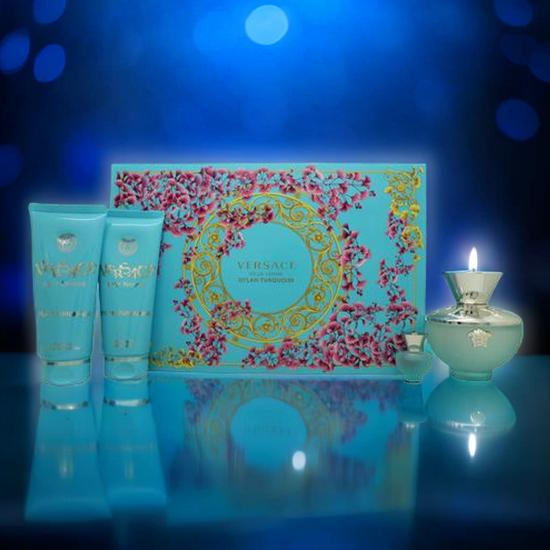 Versace Pour Femme Dylan Turquoise Gift Set 100ml Eau De Toilette + 100ml Shower Gel + 100ml Body Lotion + 5ml Eau De Toilette
