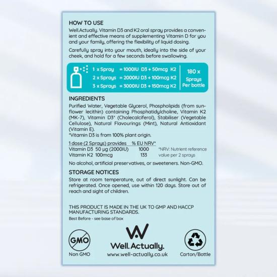 Well Actually Vitamin D3 2000iu + K2 100mcg Peppermint Spray 25ml