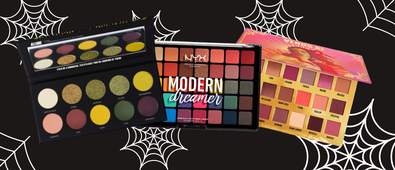 three eyeshadow palettes on a black background with white cobweb graphics