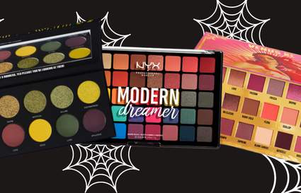 three eyeshadow palettes on a black background with white cobweb graphics