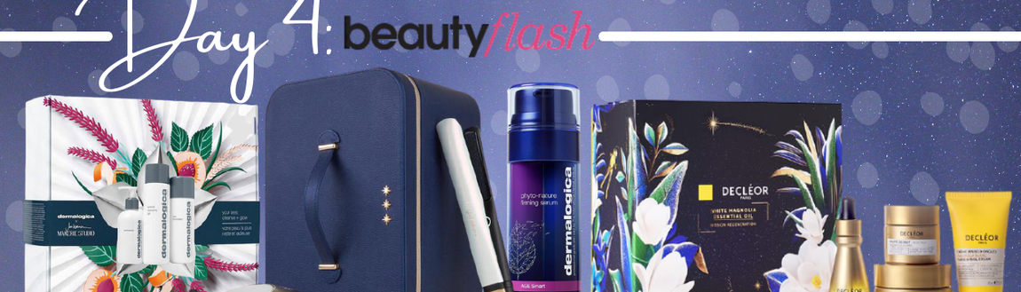 four cosmetic products on purple background